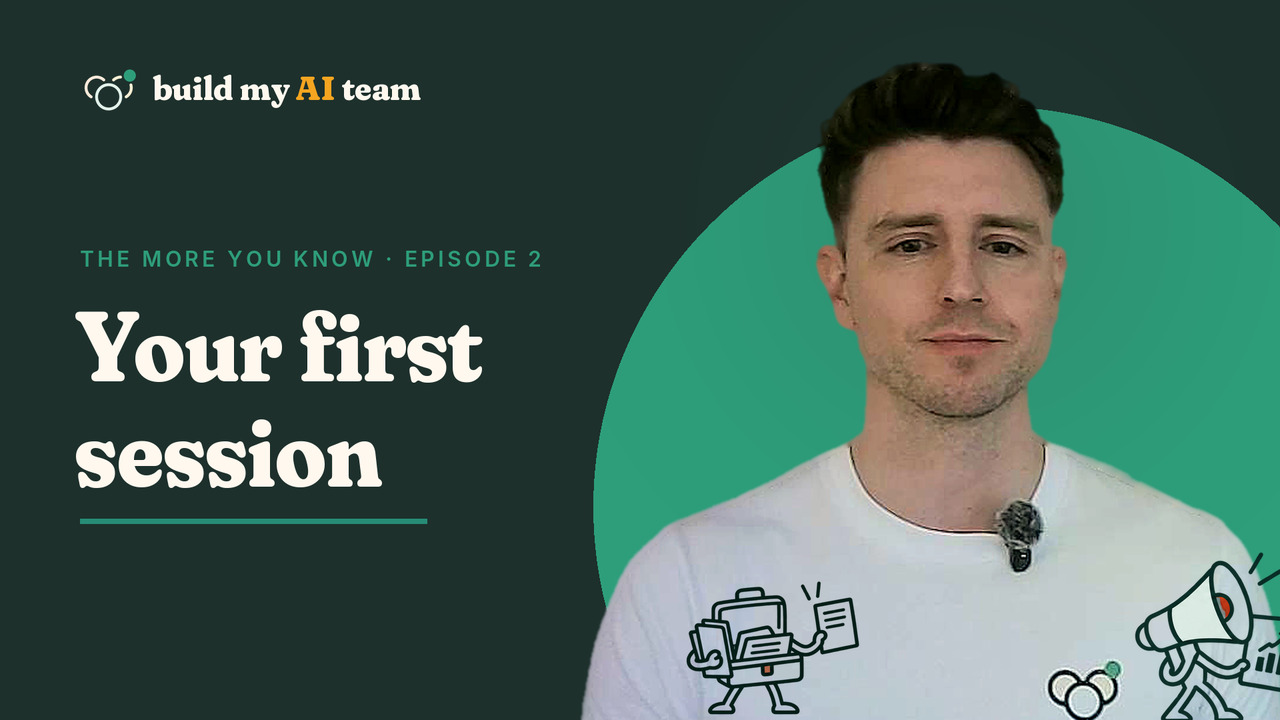 Adam with two illustrated members of the AI team, beside the title Your first session.