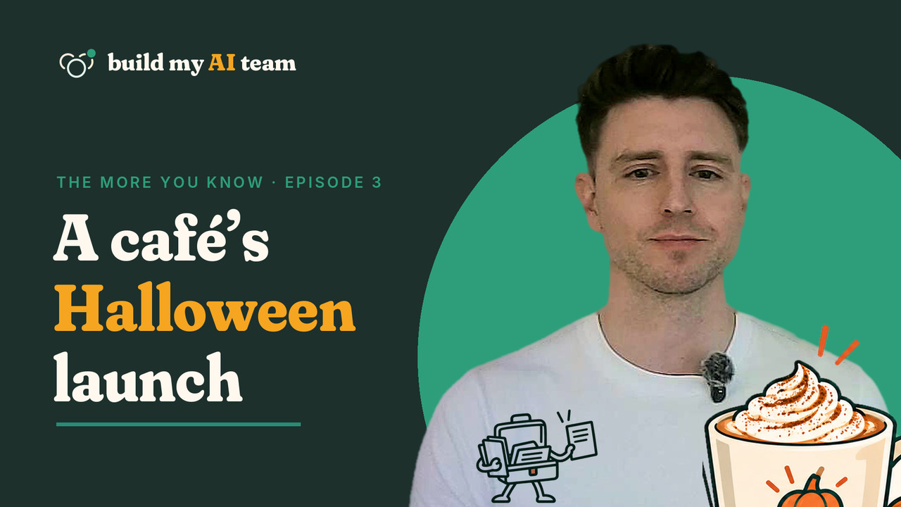 Adam with the Executive Assistant and a pumpkin spice latte, beside the title A café’s Halloween launch.