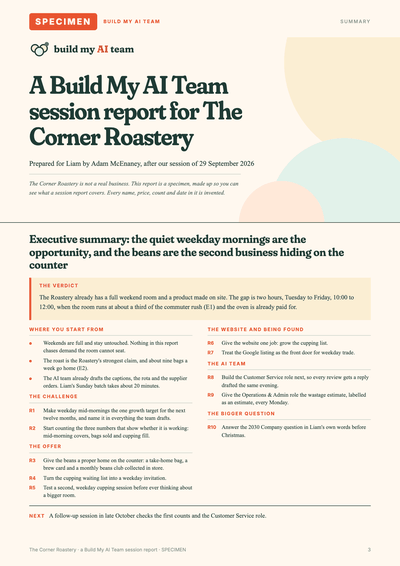 Specimen session report page: the one-page summary. Opens full size in a new tab.