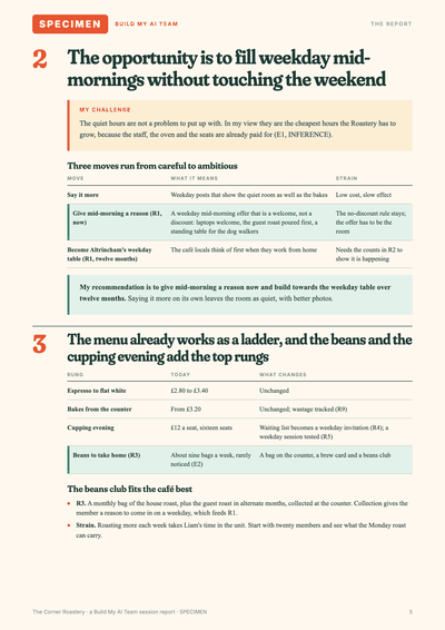Specimen session report page: recommendations. Opens full size in a new tab.